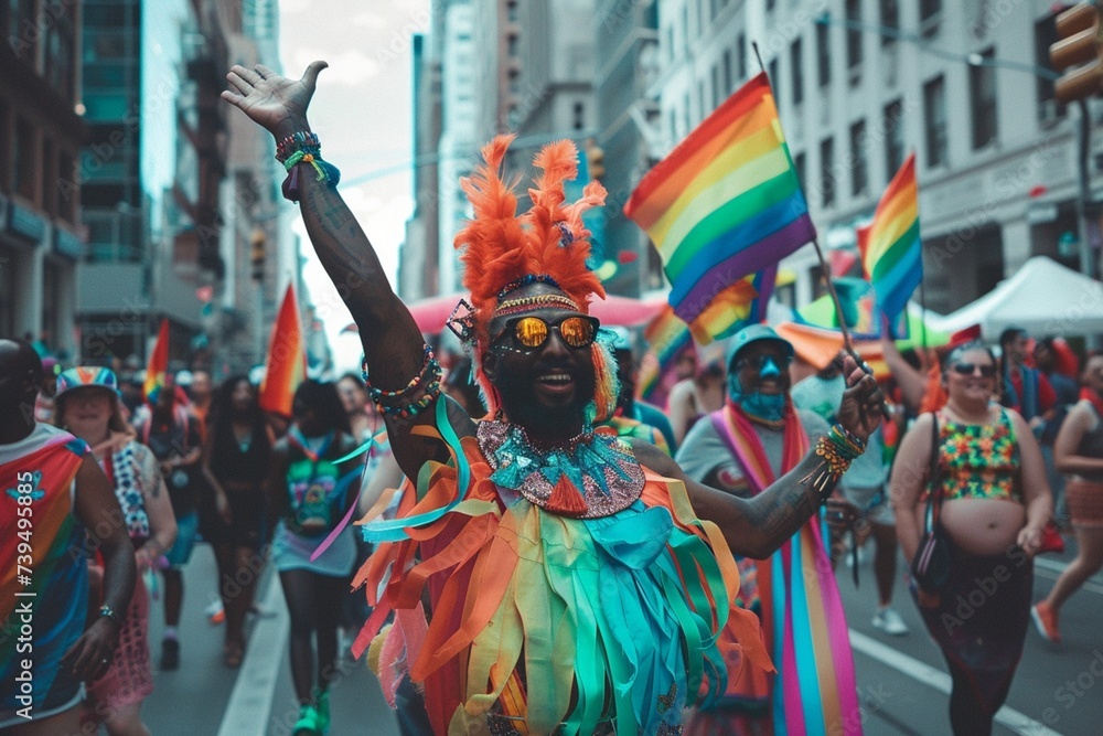 Diverse group of people marching joyfully in a Pride parade, adorned in vibrant costumes and waving banners promoting love and equality