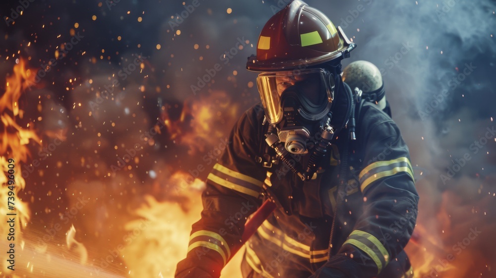 Fototapeta premium Brave Firefighter in Action - A heroic firefighter battles a fierce blaze, equipped with full gear and a hose, amidst a storm of sparks and flames.