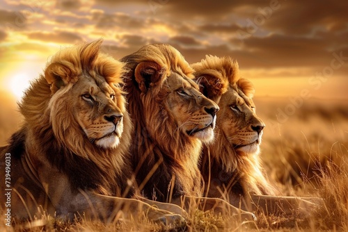 Majestic lions basking in the golden glow of the savanna sun, their mane flowing in the breeze as they survey their kingdom with regal poise