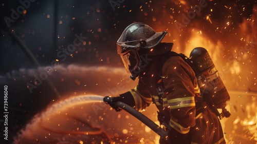 Firefighter Combatting Flames - A dedicated firefighter combats raging flames with a powerful water stream, a testament to the bravery of fire department crews.