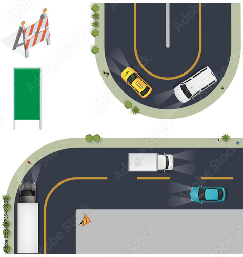 Rodovia com trânsito. Auto-estrada com sinalização. Pedestres no canteiro de obras, caminhões e carros nas ruas