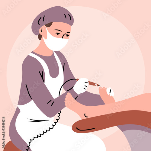 Podiatric beauty salon. A female podiatrist performs a pedicure procedure on a client. Health and beauty of feet. Vector illustration
