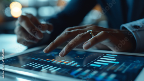 A professional is analyzing financial data on a tablet, interacting with charts and graphs displayed on the screen in a corporate setting.