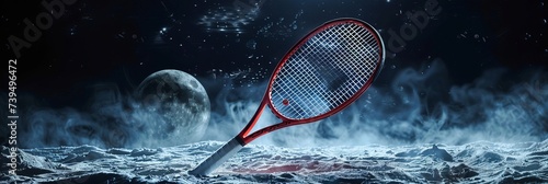 A beautiful, classic red tennis racket with a long handle stands above the rite, surrounded by a fine mist rising cinematically upwards photo