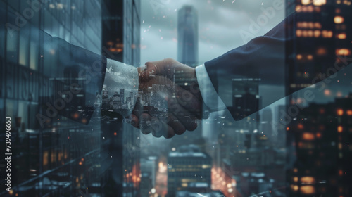 double exposure image that combines a business handshake with a bustling cityscape background