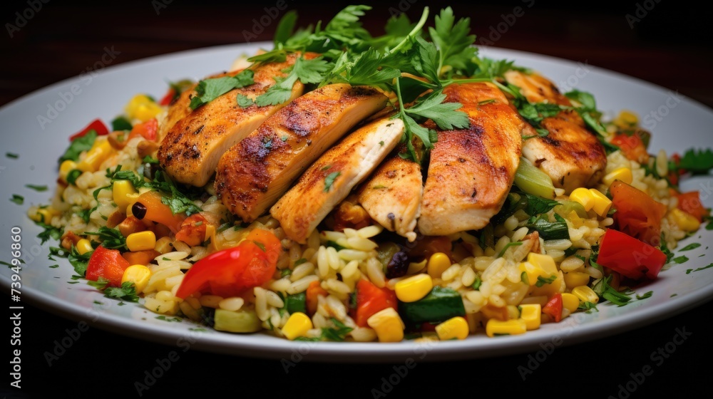 Fototapeta premium Colorful and varied favorite - Mexican risotto with vegetables and chicken.