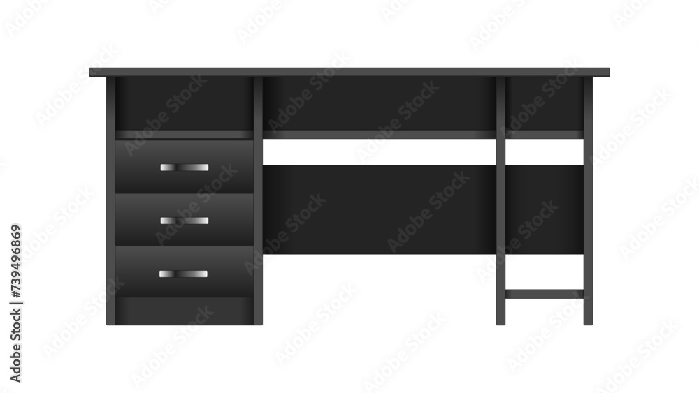 Black computer desk with shelves for keyboard, system unit and drawers Black computer desk with shelves for keyboard, system unit and drawers