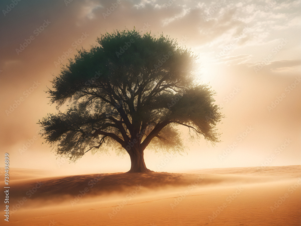 Solitary Guardian: Tree Silhouette Braving Sandstorm Alone. generative AI