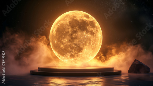 empty black podium front of the big glowing orange moon on space and stars background with smoke