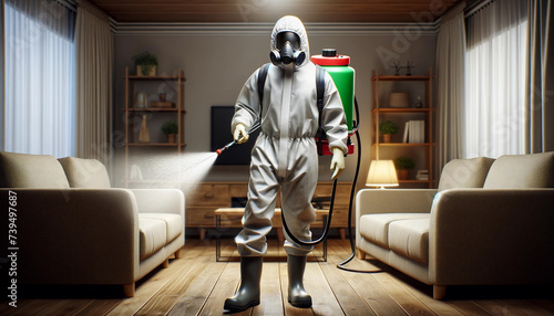 A faceless pest control worker in a full protective suit.