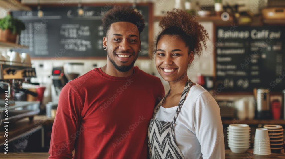 Two baristas, a man and a woman, are smiling and posing together in a warmly lit coffee shop with coffee machines and a menu board in the background.