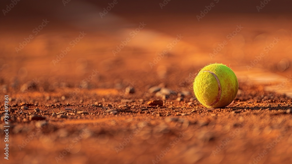 Close-up of tennis ball on red clay tennis court surface. The color palette is vibrant, with sharp contrast drawing attention to the tennis ball.