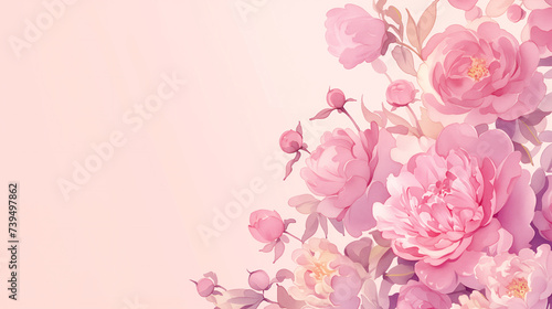Peony flowers hand drawn watercolor illustration over light pink backdrop for a Mother's Day greeting card template. Empty copy space. © Caelestiss