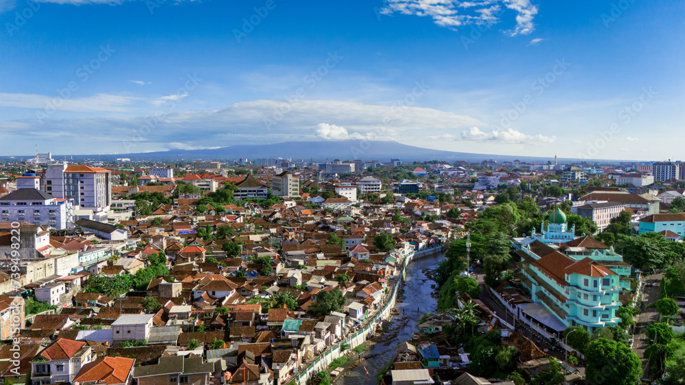 aerial view of Yogyakarta city streets close to rivers or streams