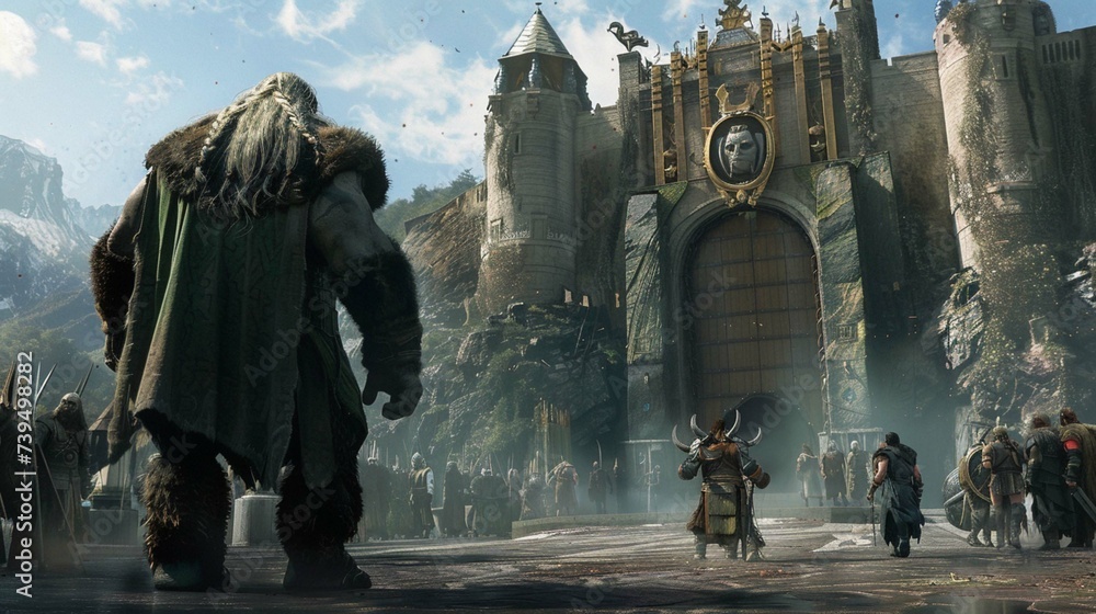 a large Viking and troll walking through the gates of a fantasy town, in the style of Brom and anders zorn fantasy lithographs, fantasy,