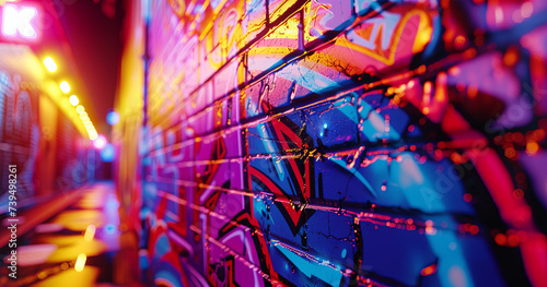 A wall in an urban setting comes alive with vibrant graffiti  illuminated by glowing neon lights. The wet  glossy paint adds a captivating depth to the scene.