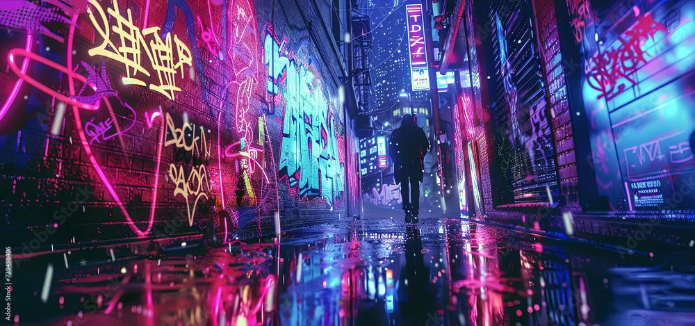 An urban alley comes alive with glowing neon graffiti on the wall. A lone figure adds a sense of mystery to this vibrant scene.