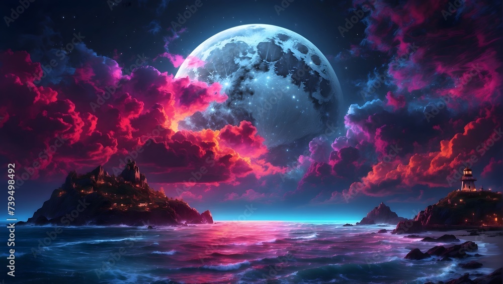 a large moon with a bloody background shining over the sea - obrazy, fototapety, plakaty 