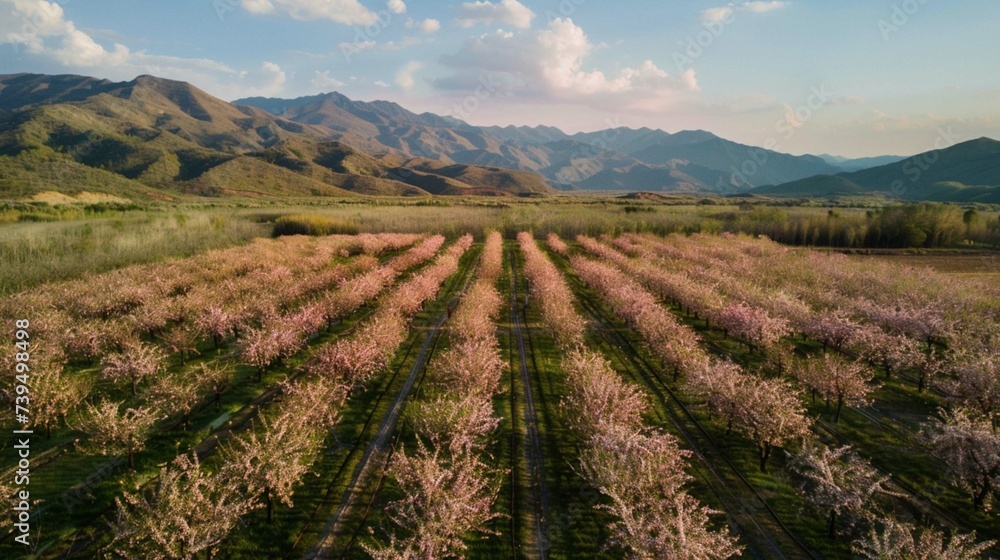 aerial view of pink flowering cherry orchard, large rolling mountains in the background, forest steppe, ultra wide angle lens, 8k, drone footage, cinematic, nature documentary