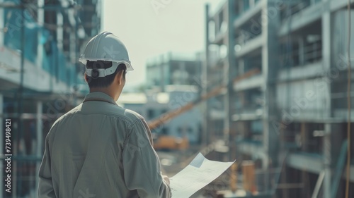 Engineer Overseeing Construction - Civil engineer with blueprint at an industrial construction site.