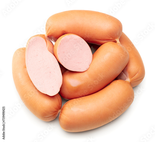 boiled sausages isolated on white background. top view. clipping path