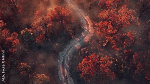 a top down battle map of a road through a forest, the sky is red, the forest is on fire, its smoky, in the style of dungeons and dragons