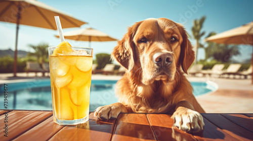 Dog on vacation with cold drinks by swimming pool, palm trees in background