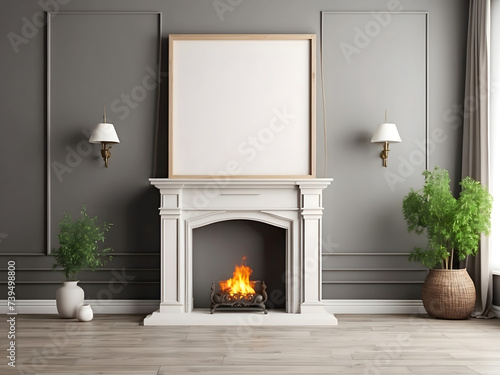 Traditional fireplace with empty shelves and blank walls in an ing design. photo