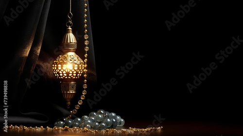 A golden Ramadhan lamp with Islamic rosary beads on dark background. Ramadan - an important Islamic festival. Islamic festive greeting card photo
