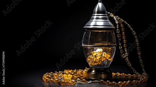 A metallic Ramadan lamp with Islamic rosary beads on black background. photo