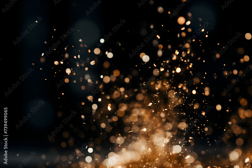 Obraz premium Abstract bokeh lights and golden glitter splash on a dark background. Holiday celebration and festive concept. Image for wallpaper, poster, banner, greeting card.