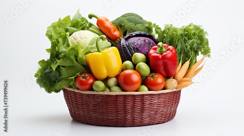 Assorted organic vegetables and fruits in wicker basket isolated on white background