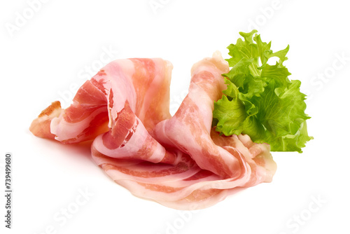 Italian pancetta piancetina. Sliced smoked bacon on plate isolated on white background.