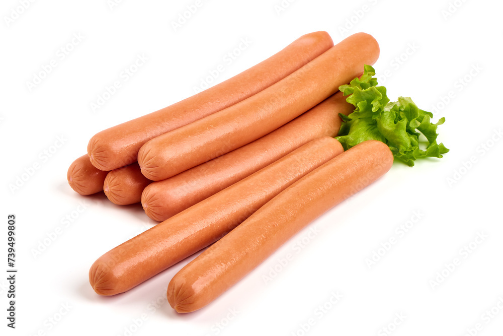 Boiled sausages with basil, isolated on white background. Boiled sausages with basil, isolated on white background.