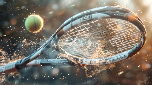 A highly dynamic and detailed scene capturing the exact moment a tennis racket makes contact with a tennis ball. Focus is on racket and ball © Zahid