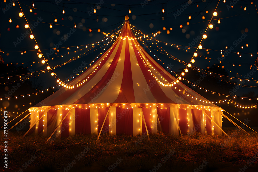 Stripes tent of circus evening with garland lights for show and childish entertainment. Circus canopy performance - obrazy, fototapety, plakaty 