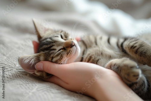 Happy kitten likes being stroked by woman's hand.