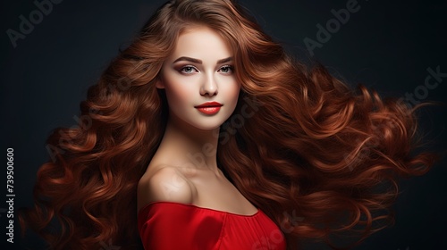 Beautiful smiling woman with long wavy hair . Girl curly hairstyle and red manicure nails . Beauty ,makeup and cosmetics