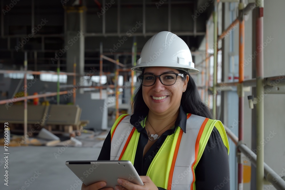 A Latin female warehouse worker wearing a hard hat and safety vest is seen smiling while holding a tablet. A Latin female warehouse worker wearing a hard hat and safety vest is seen smiling while holding a tablet.