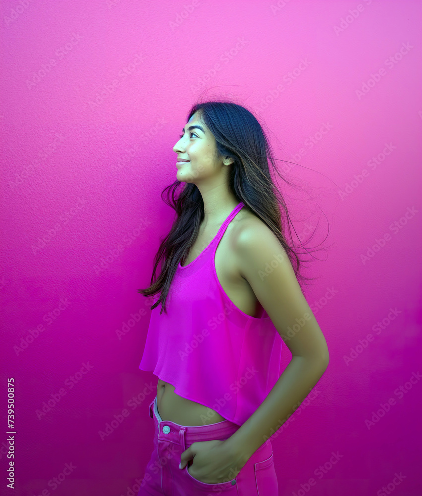 Side view of an attractive Hispanic woman standing confidently in front of a bright pink wall. Side view of an attractive Hispanic woman standing confidently in front of a bright pink wall.