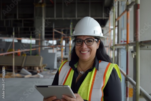 A Latin female warehouse worker wearing a hard hat and safety vest is seen smiling while holding a tablet.