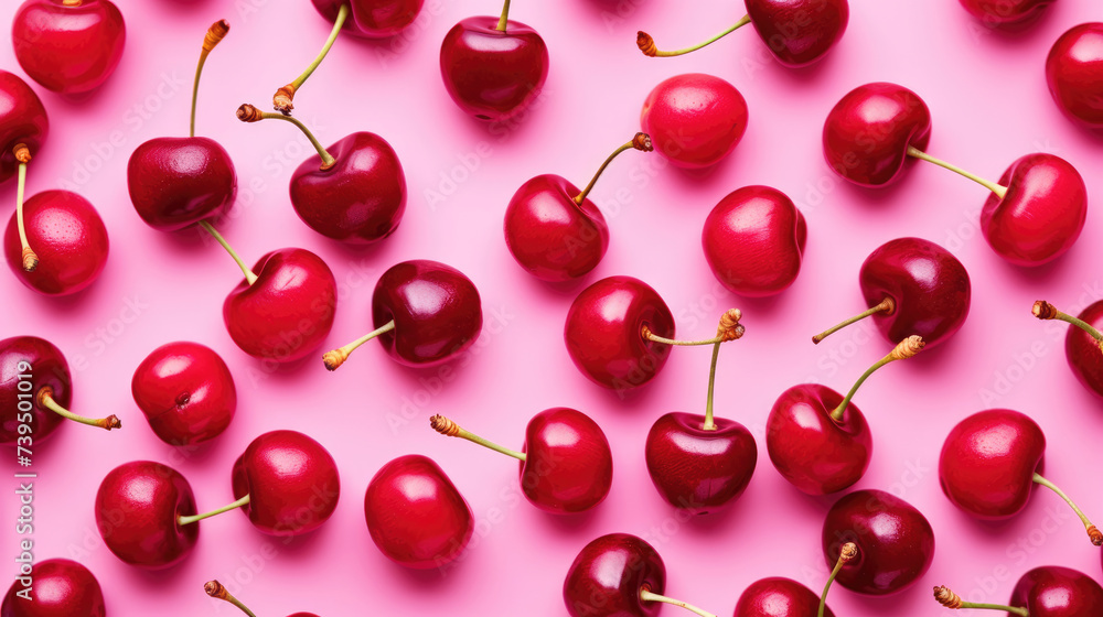 Red cherry on pink background. Ripe red cherry berries as background Red cherry on pink background. Ripe red cherry berries as background