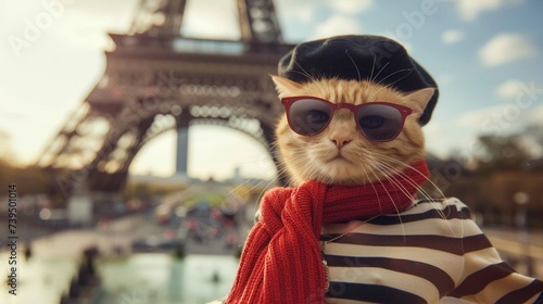 light beige long haired cat takes selfies while travelling in paris. He is wearing a breton striped top a black beret and red scarf, sunglasses, he is standing against a background of the eiffeltower photo