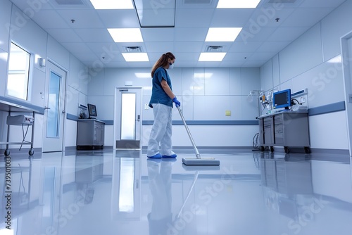 A woman is diligently cleaning the floor of an operating room with a mop, ensuring cleanliness and hygiene in the medical environment. photo