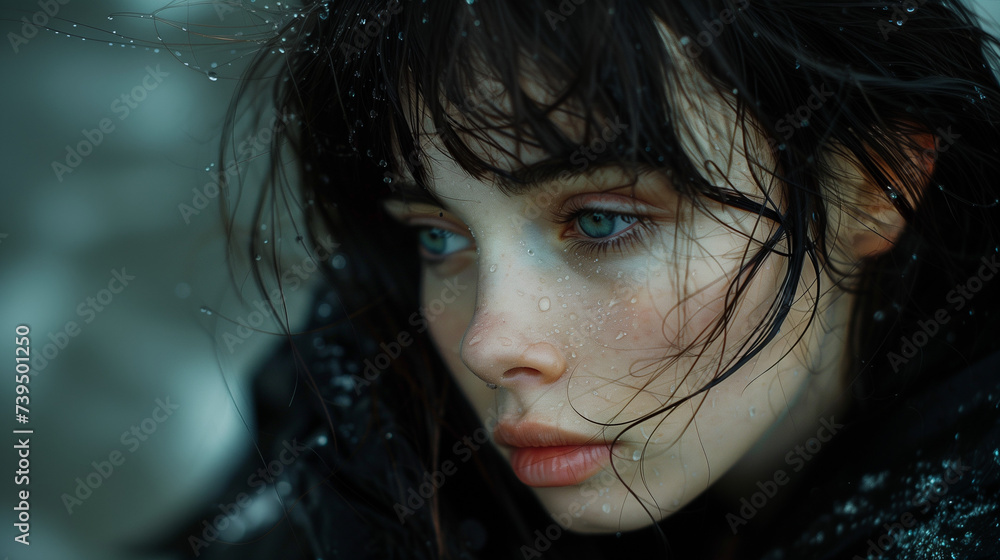 Close-up of a contemplative woman with wet hair and raindrops