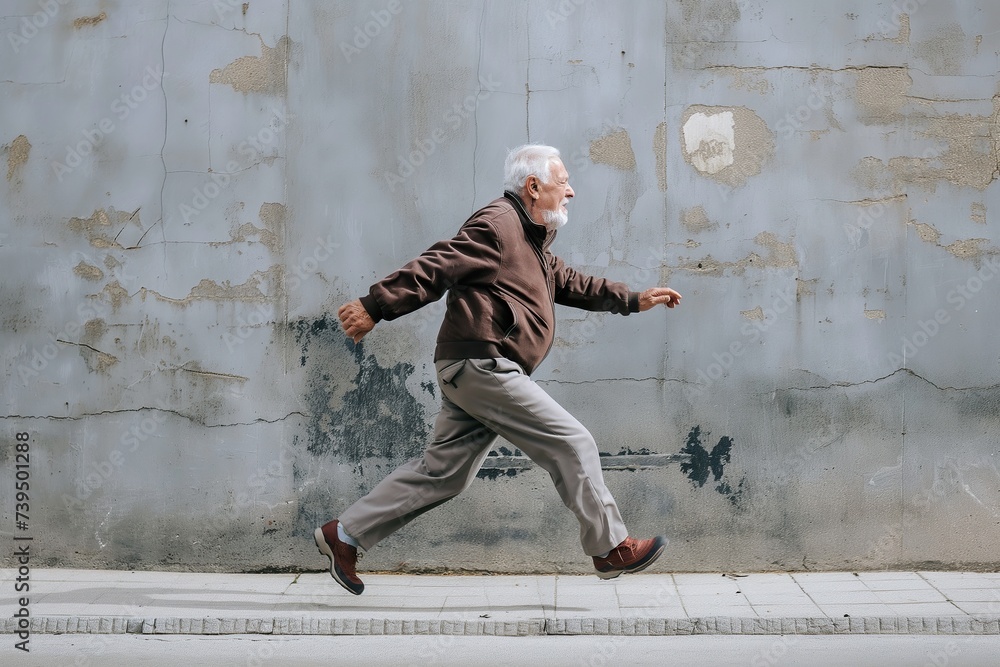 An older man in formal clothes is seen running down a city street in front of a concrete wall.