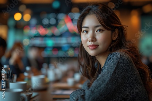 Wallpaper Mural An Asian Chinese businesswoman sits at a table while sharing stock market charts and sipping a cup of coffee. Torontodigital.ca