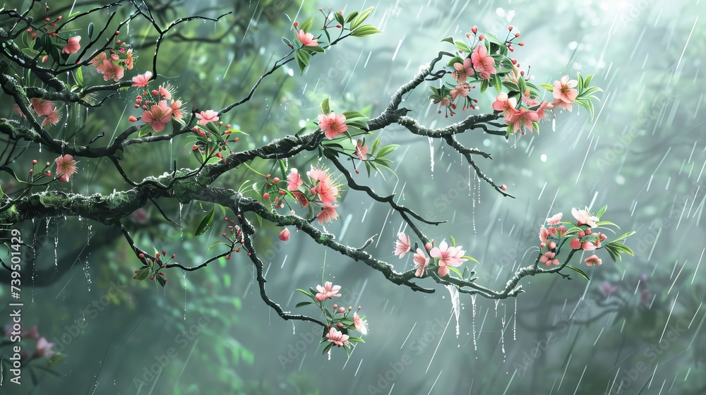 a tree branch adorned with flowers, gently caressed by raindrops