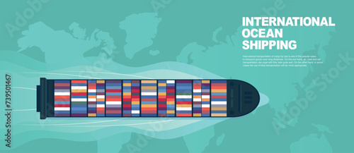 Top view of an industrial marine vessel against the background of a world map. Maritime transportation.  Maritime transportation. Cargo ship. Web banner of cargo transportation around the world vector