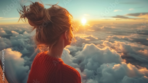 Portrait of a young girl looking to the clouds and sky.
